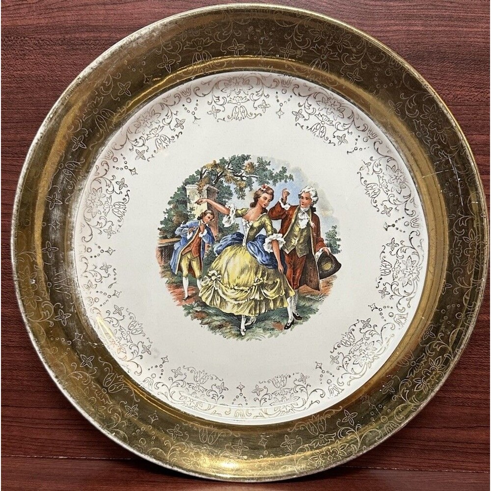 Vtg Sabin 22K Gold Encrusted Dinner Plate 10.25” Colonial Couple Rim USA